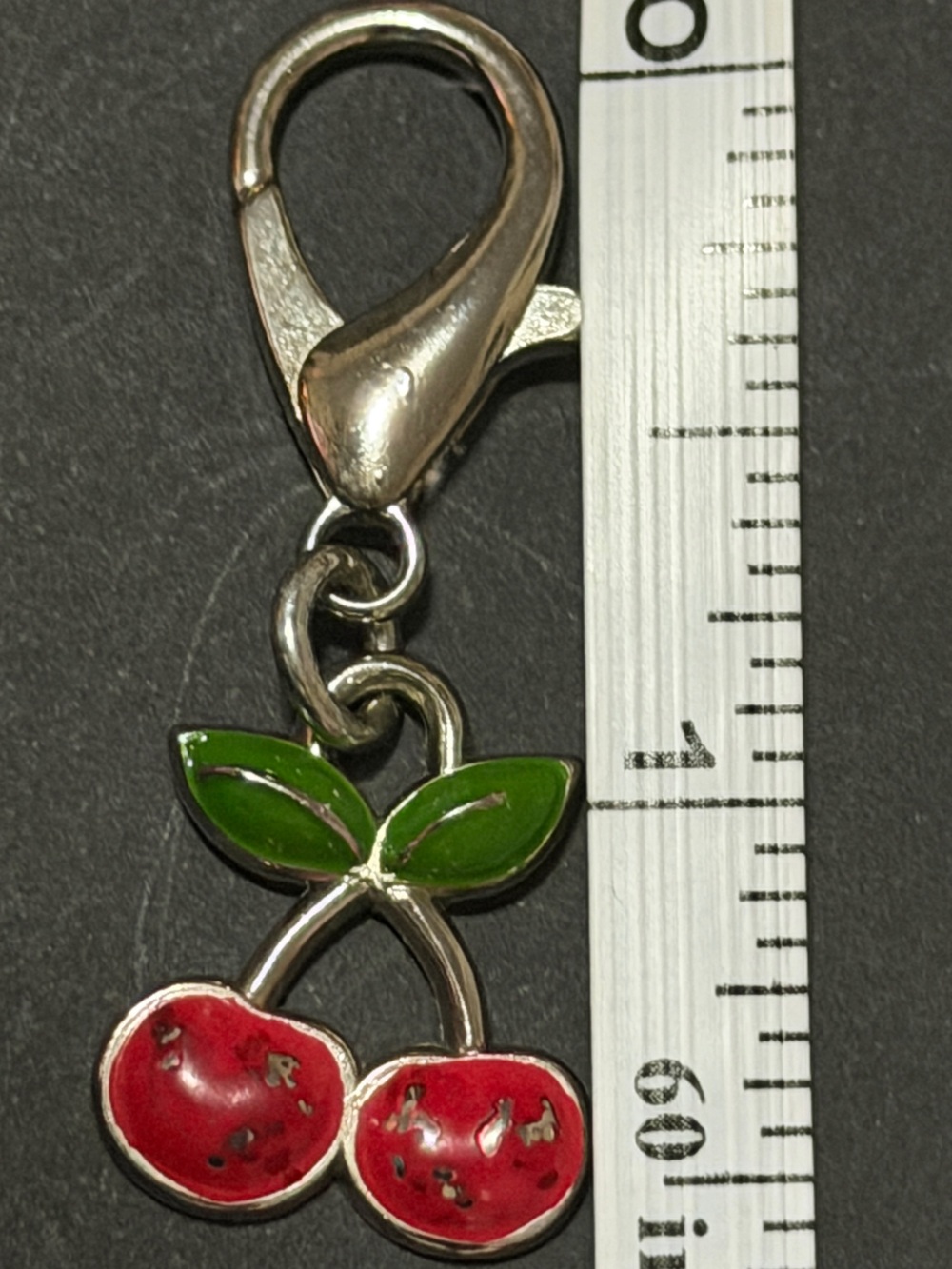 Silver Cherry Charm with Red Enamel Cherries and Green Leaves